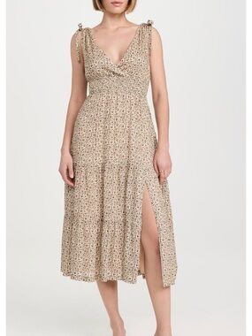 PAIGE Karlissa Floral Linen Midi Dress Cream Printed V-Neck